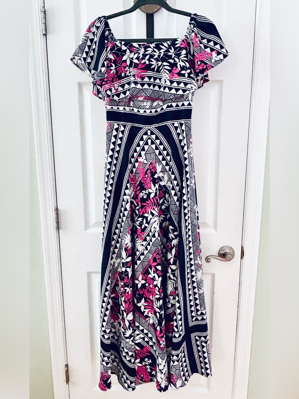 Eliza J Navy Pink Floral Geometric Off-shoulder Maxi Dress
